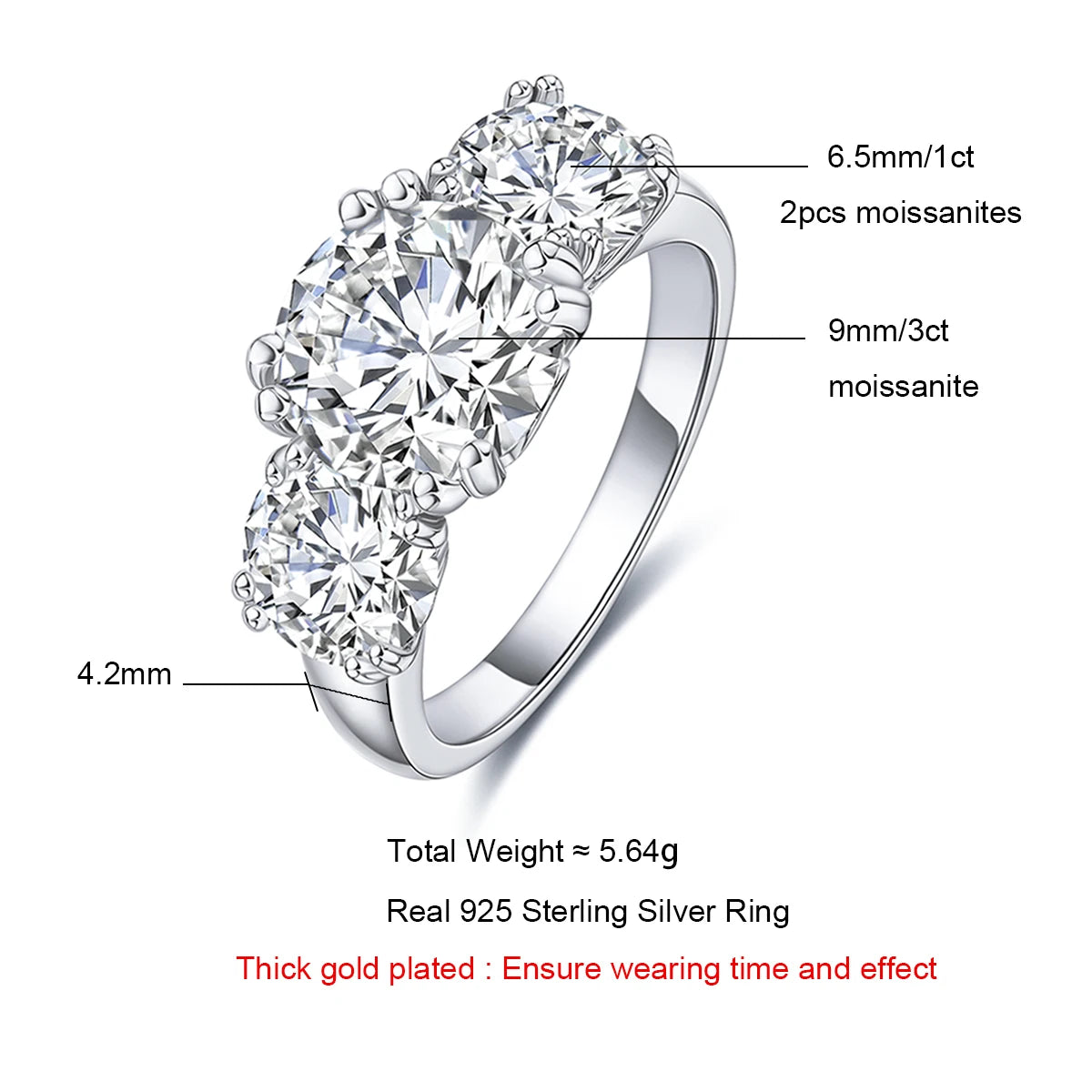 5cttw D Color Moissanite Luxury Three Stone Engagement Ring 925 Silver Rings 18K Gold Plated Customs Jewelry Wholesale