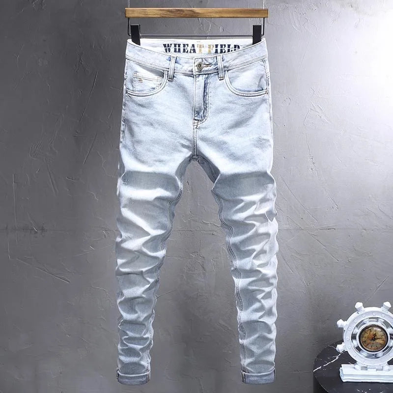 Spring and Autumn New Fashion Trend Solid Color Straight Stretch Denim Pants Men Slim Breathable High Quality Small Foot Pants