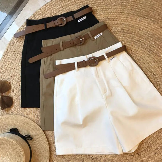 Summer new wide leg shorts Thin cotton A-frame shorts Office ladies classic loose casual zipper shorts for women