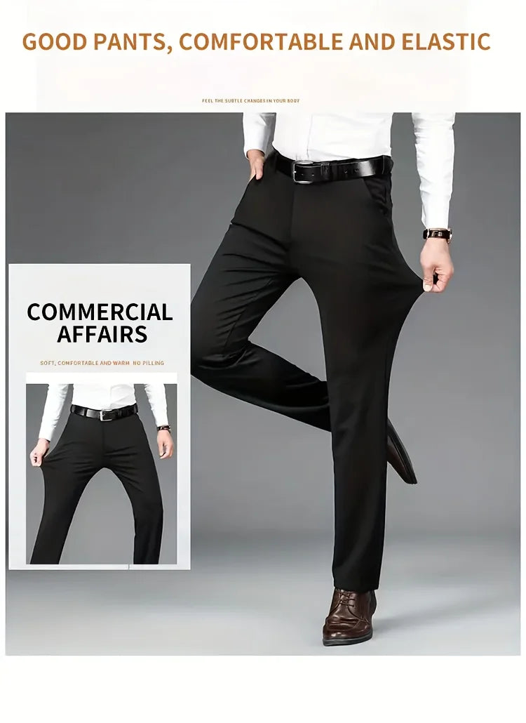 Men's High Elastic Anti-Wrinkle Straight Fit Business Pants | Non-Iron Formal Casual Trousers (1-Pack)