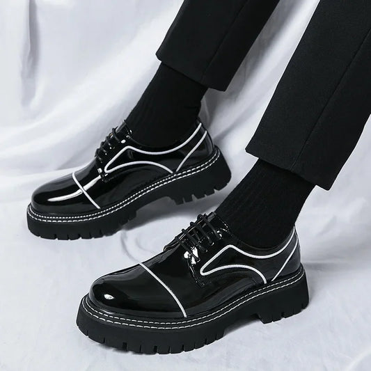 Men's Business Formal Shoes Thick Bottom Polish Leather Shiny Surface Large Size 47 round Toe Shoes Fashionable Workwear
