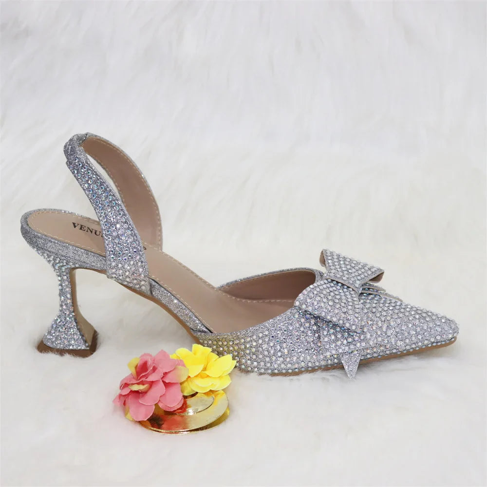 Gold 2024 Heels for Women Pointed Toe With Bows Gold Color Rhinestone  Elegant Party Wedding Shoe and Bag Set