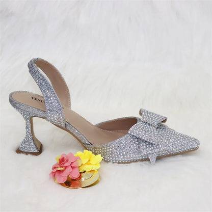 Gold 2024 Heels for Women Pointed Toe With Bows Gold Color Rhinestone  Elegant Party Wedding Shoe and Bag Set