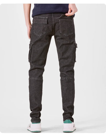 Men's Jeans Street Style Waist Denim Cargo Pants Solid Color Washed Slim Fit Casual Jeans with Multiple Pockets for Daily Wear