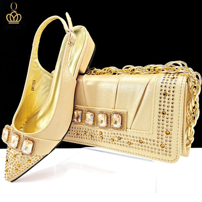 Summer New Design Specials Italian Women Shoes and Bag Set Sky Blue Color Comfortable Low Heels With Rhinestone