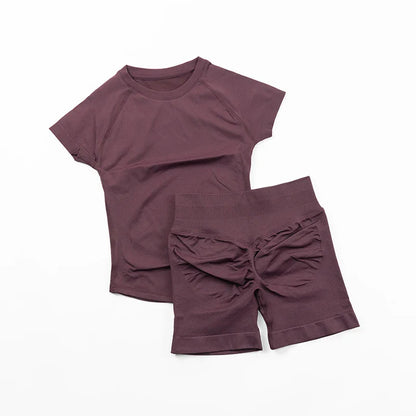 Seamless Yoga Set Fitted Workout Clothes Woman Gym Wear Short Sleeve Top Shirt Scrunch Booty Gym Shorts 2 Piece Sports Suits