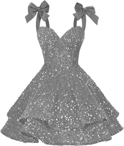 Sparkly Sequin Bows Homecoming Dresses 2026 Short Spaghetti Straps Tiered Satin Sweet Prom Cocktail Dress Graduation Dress