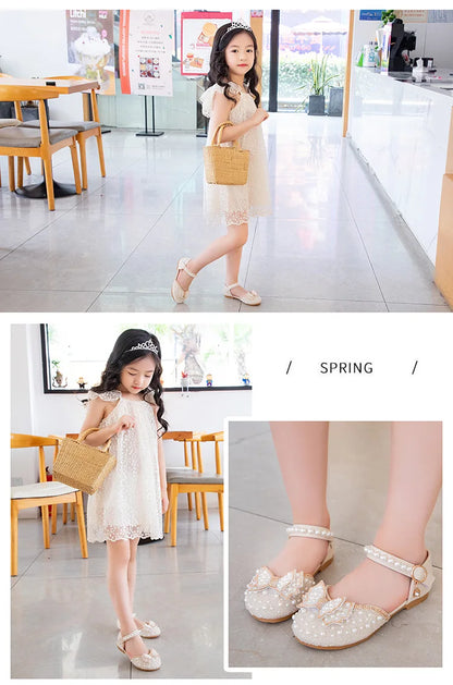2026 Spring New Girl Sandals Cute Bow Pearl Sequins Kid Princess Shoes Flat Heels children Dancing 21-34