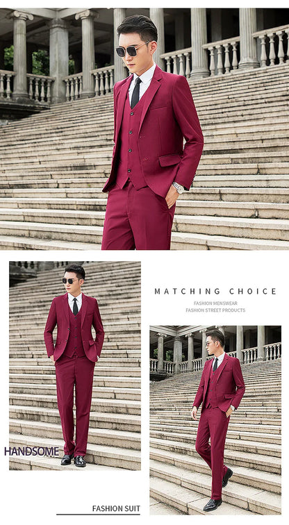 Man Three-piece Sets Fashion Turn Down Collar Coat+Single-breasted Vest+Pant Male Outfit Solid Color Business Wedding Men Suit