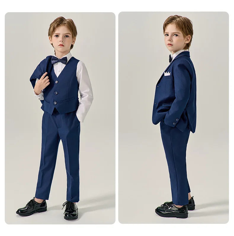 Boys Dark Green Jakcet Vest Pants Bowtie Evening Party Dress Children Wedding Photograph Suit Kids Ceremony Performance Costume