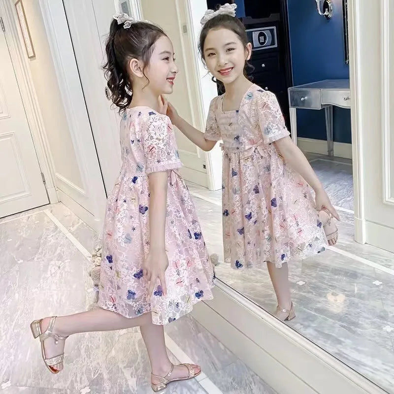 Vintage lace short sleeved dress For 2-9 yrs Baby Girls Loose Dress 6.1 Children's Day Clothing Cute beach Loose Clothes 2026