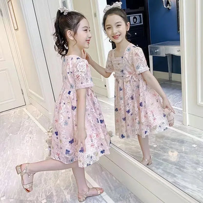 Vintage lace short sleeved dress For 2-9 yrs Baby Girls Loose Dress 6.1 Children's Day Clothing Cute beach Loose Clothes 2026
