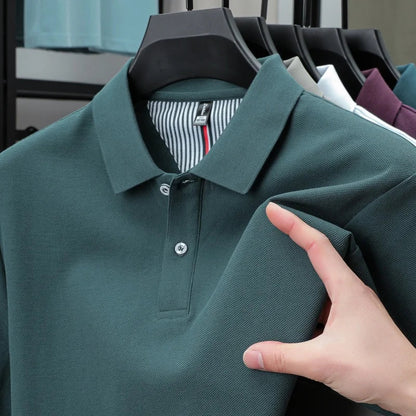 100% pure cotton short sleeved men's polo shirt summer boutique fashion high-quality top solid color collar back striped T-shirt
