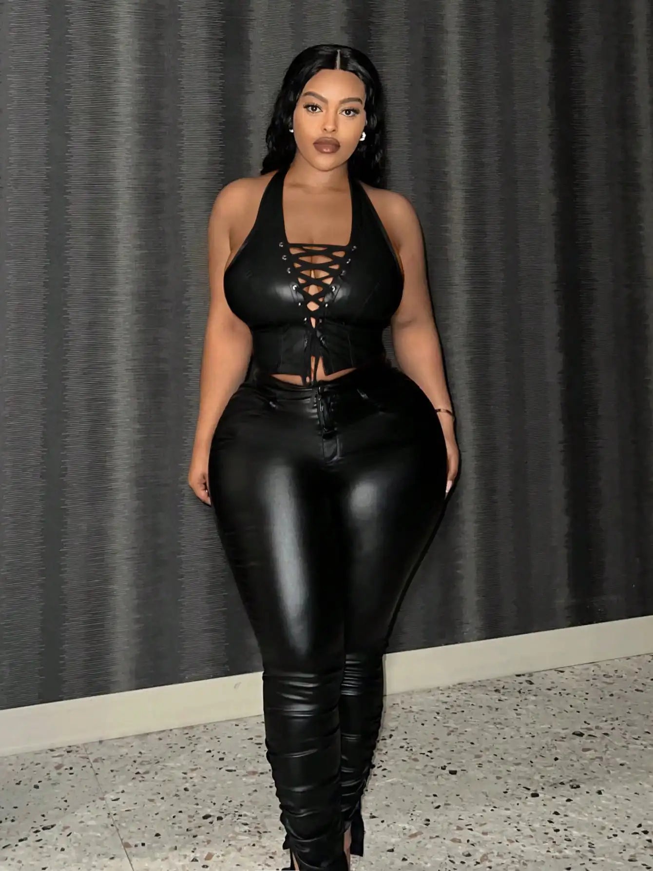 Sexy Leather Crop Top for Women with Hanging Neck Strap Hollow out Belted Waist Tight Strap Vest Large Size European Style
