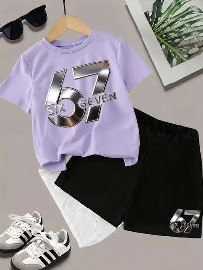 2026 New Cool 67 Funny Printed Kids T-Shirt Shorts Sports Set Fashion Children's Clothes Casual Boy Girl Short Sleeve Shorts Set