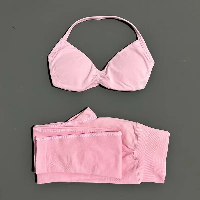 2 Piece Sports Set Women Yoga Backless Halter Bra High Waist Scrunch Seamless Pants Sport Suit Gym Sportswear Workout Set
