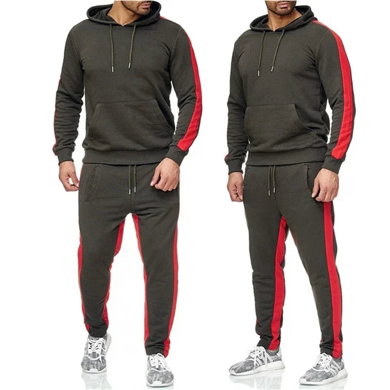 Casual autumn and winter long-sleeved men's 2-piece sports suit color block striped breathable sports suit