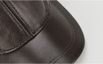 New Style Casual Real Leather Earflap Cap Men Real Cowhide Leather Caps Male Fall Winter Genuine Real Cow Leather Baseball Hats