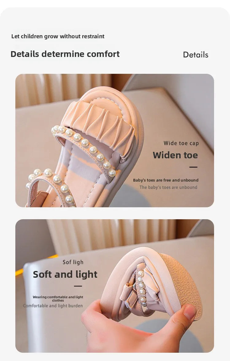 Girls Sandals Kids Summer Shoes Children's Beach Sandals with Pearls Princess Sweet Anti-slippery Open Toes Lace Chic Beading