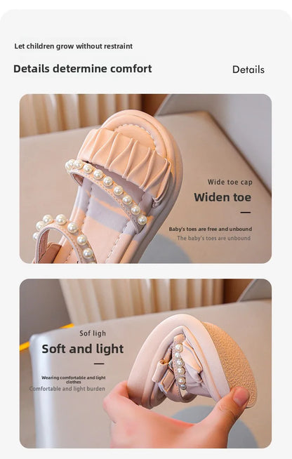 Girls Sandals Kids Summer Shoes Children's Beach Sandals with Pearls Princess Sweet Anti-slippery Open Toes Lace Chic Beading