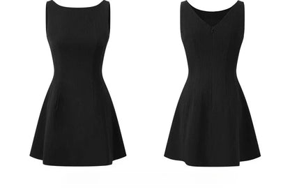 French Black Sleeveless Mini Dress Women Summer Slim Fit A-Line One-Shoulder Strap Dress Petite Elegant Casual Vacation Outfit