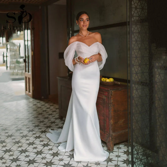 Summer Wedding Party Dresses Off The Shoulder Pleats Bridal Dress Mermaid Satin Women Bride Gowns Customized