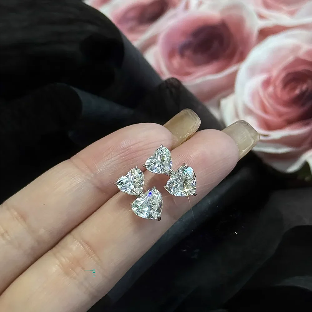 Double Heart Cut Moissanite Diamond Drop Earrings with Gra Certificates 925 Sterling Silver Stud Earring for Women Fine Jewelry