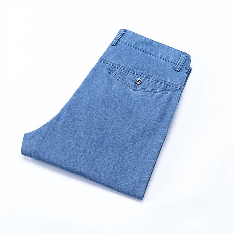 2026 New Men's Summer Jeans Thin Loose Stretch Large Size Ice Silk Straight Pants Elite Business Casual Pants Smoke Gray Blue