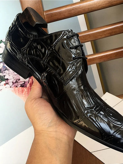 Business Men Crocodile Pattern Cowhide Genuine Leather Dress Shoes Lace Up Pointed Toe Derby Shoes Spring Wedding Formal Shoes