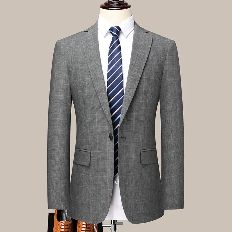 Suits (blazer+ Pants) Men Fashion Business Casual Solid Color Korean Version Slim-fit Plaid Gentleman Wedding Work S-5XL