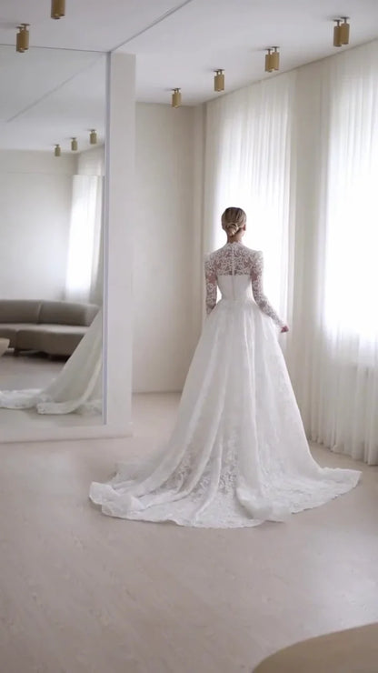 A-line Boho Lace Wedding Dress Full Sleeves Square Collar Bride Dresses Long Bridal Gowns vestidos de novia Customized
