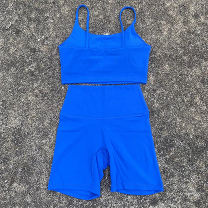 Yoga Clothes Set 2 Piece Gym Sports Shorts Set Women Sexy Back Bra Top High Waist Shorts Fitness Suit Running Workout Tracksuit