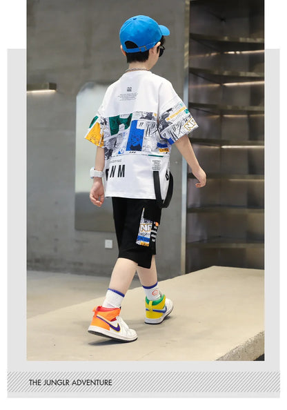 Summer Boys Cotton Alphabet Picture Printed T-Shirt Tops+Shorts Pant School Kids 2PCS Tracksuit Child Outfits Workout Set 3-16Yr
