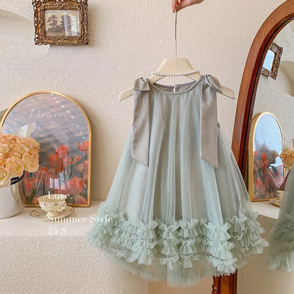 2024 Summer Korean  Girls New Sleeveless Bow Solid Color Sweet and Gentle Princess Dress Childrens Trend