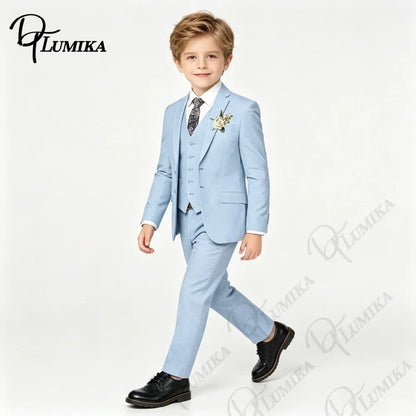 Boys’ 4-Piece Sky Blue Suit with Floral Tie for Weddings & Graduation