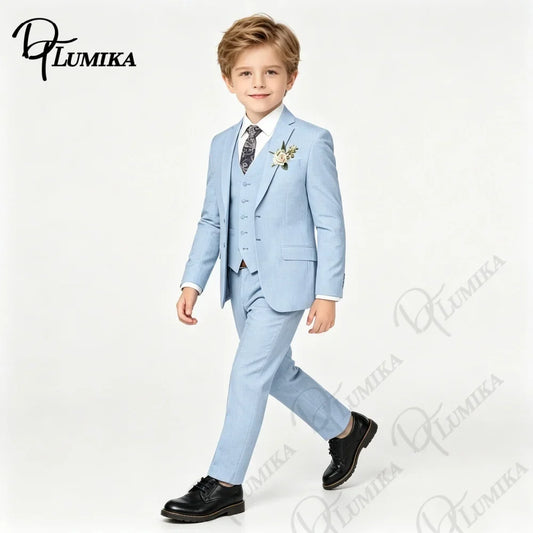 Boys’ 4-Piece Sky Blue Suit with Floral Tie for Weddings & Graduation