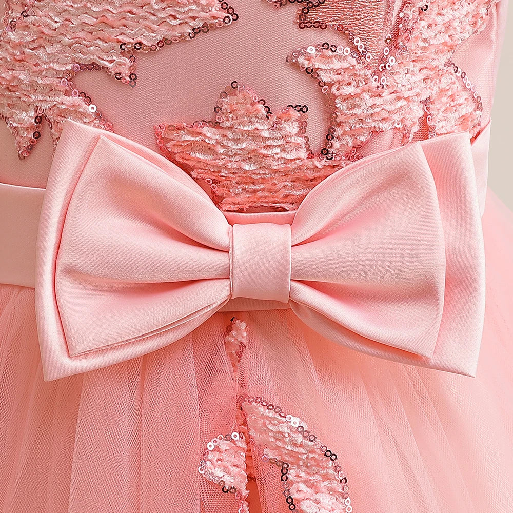 Elegant Party Bridesmaids Girls Dresses Summer Bow Flower Wedding Princess Prom Dress for Girl Tulle Evening Christmas Costumes