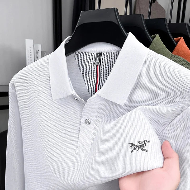 100% pure cotton high-end luxury brand men's long sleeved polo shirt autumn fashion original embroidery design golf top T-shirt