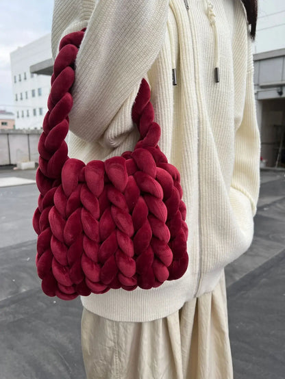 Velvet Bag DIY Hand Woven Bag Crystal Velvet Core Spun Yarn Woven Bag Hand-held Mailman Bag Velvet Handbag New