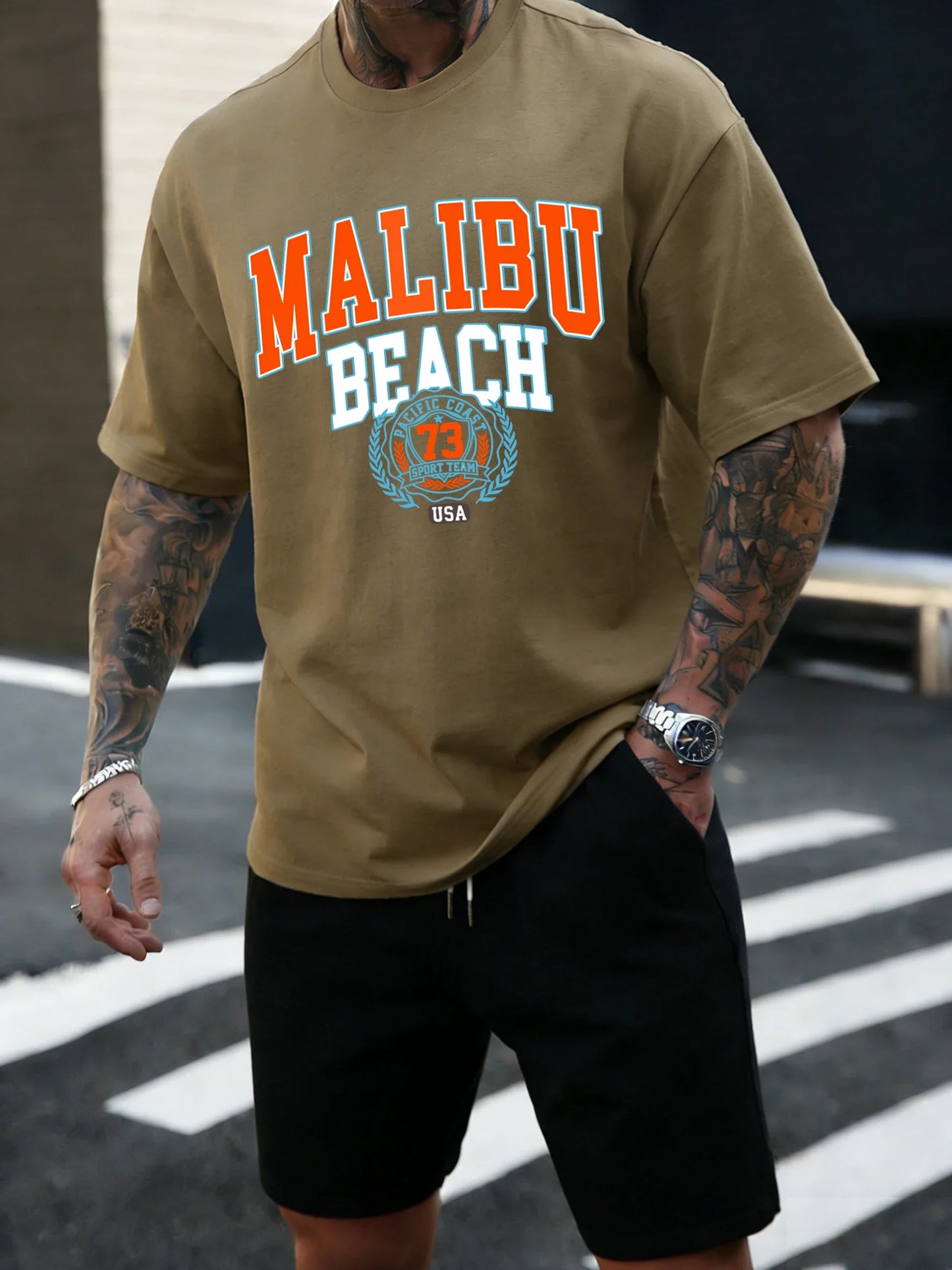 Malibu Beach 73 Usa Printing T-Shirt Mens Cotton T Shirts O-Neck Summer Basics Clothes Casual Trendy All-Match Short Sleeve