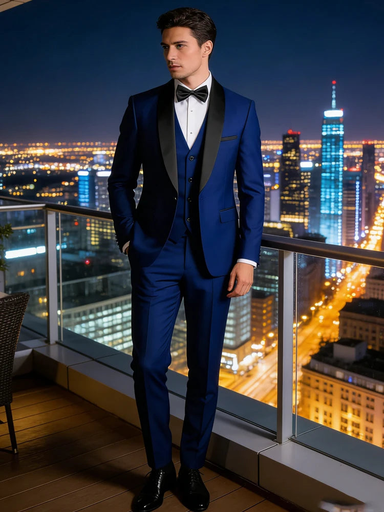 Conjunto Masculino Terno 3 Peças Smoking Um Botão Gola Xale de Cetim Slim Fit Blazer Colete Calças Para Formal Negócios Casamento Noivo