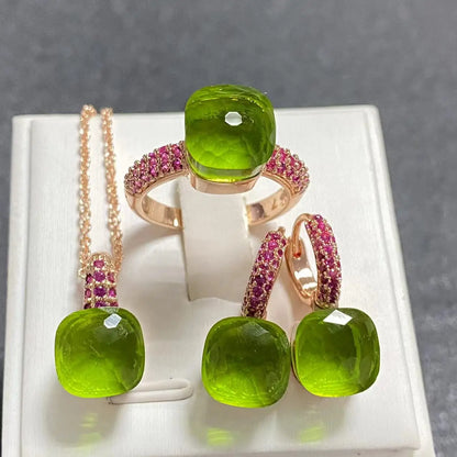 Conjunto de Joias Femininas 3 Peças - Anel, Brincos e Colar Banhados a Ouro Rosé com Zircônia Roxa Incrustada