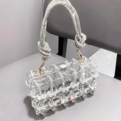 Bolsa de Noite com Alça e Strass Prateada de Cristal Feita à Mão para Mulheres, Bolsas e Bolsas de Mão de Designer de Luxo para Banquete