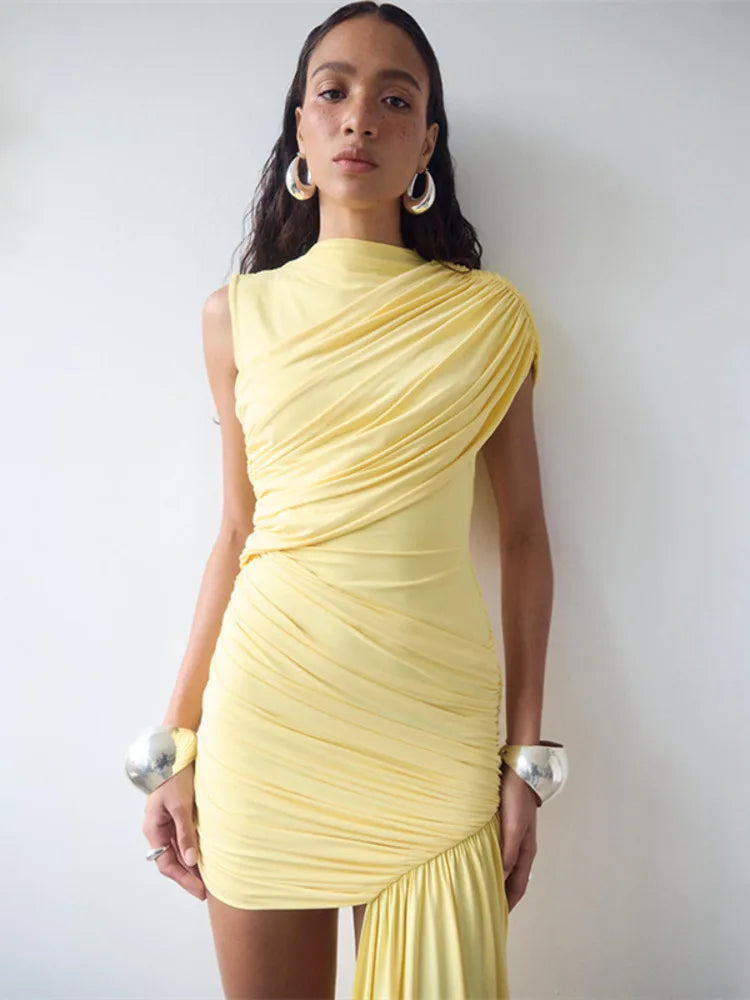 Summer Draped Ruched Sexy Mini Dress Women 2025 New Irregular High Waist Slim Fit Dress Female Elegant Club Tank Dress