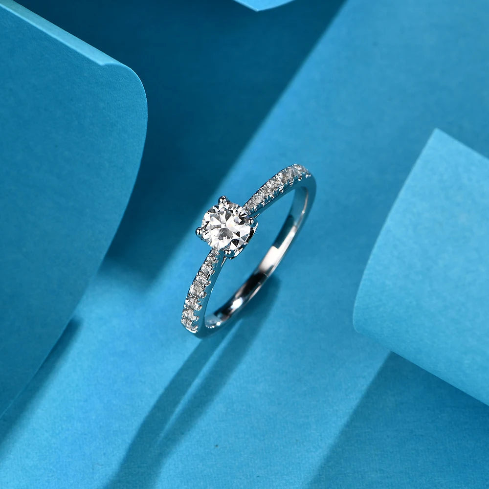 0.5ct 5.0mm D Color Round Rhodium Plating 925 Silver Moissanite Ring Diamond Test Passed Jewelry Woman Girlfriend Gift
