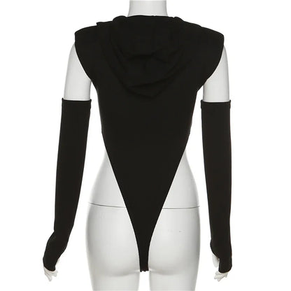 Fashion Solid Color Hooded Bodysuit One Piece Sexy Round Neck Sleeveless Lingerie Sexy Casual Slim Streetwear Festival Outfit
