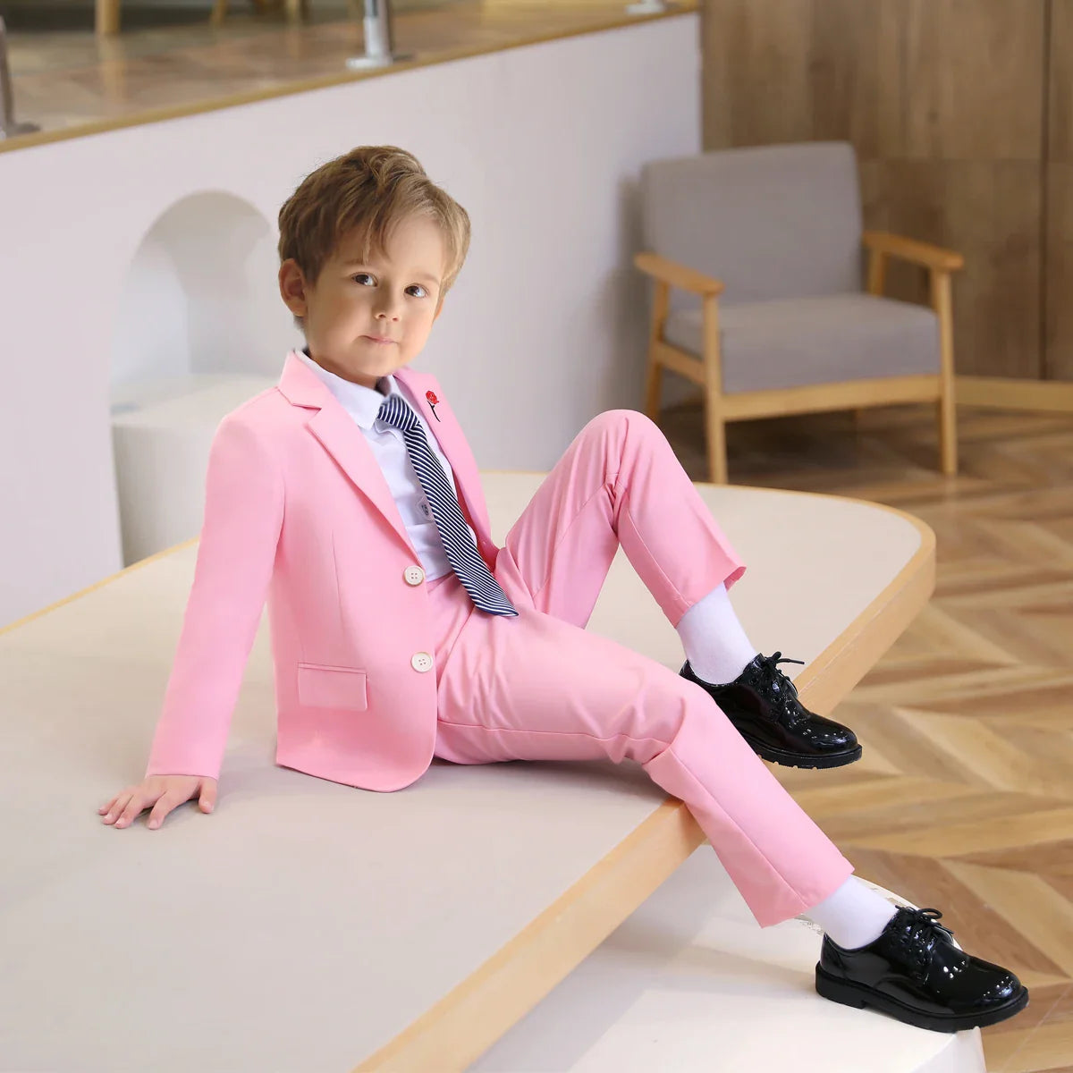 Pink Rose Embroidery Kids Formal Suit Set 3 Pieces Blazer Pants Tie Boy Wedding Suit Communion for Boys Tuxedos Teen Suit