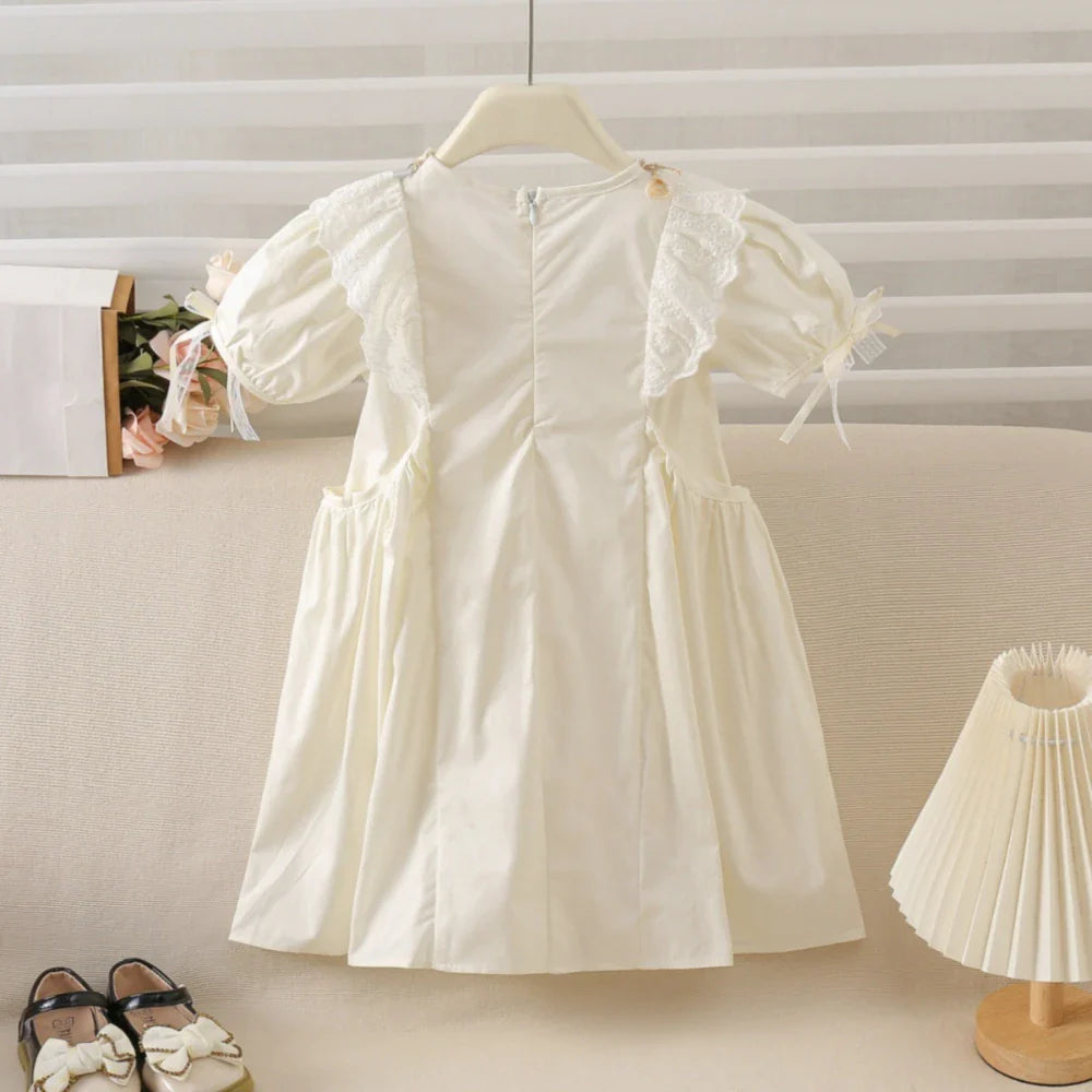 Sweet and Cute Girl Casual Round Neck Flower Embroidery Bubble Sleeve Princess Dress Birthday Party Summer New