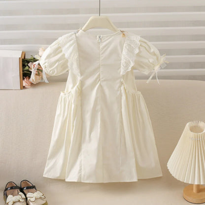 Sweet and Cute Girl Casual Round Neck Flower Embroidery Bubble Sleeve Princess Dress Birthday Party Summer New