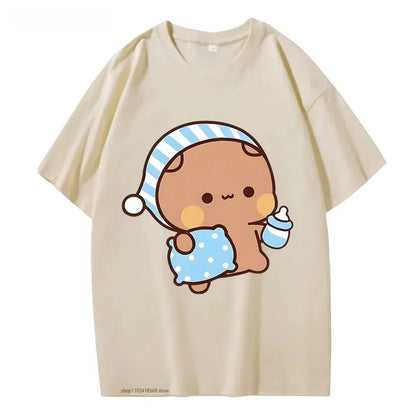 Couple Tshirt Cute BuBu Panda Going To Sleep with DuDu Bear Graphic Tshirt Women Clothes Sleeve Tops Women's Clothing